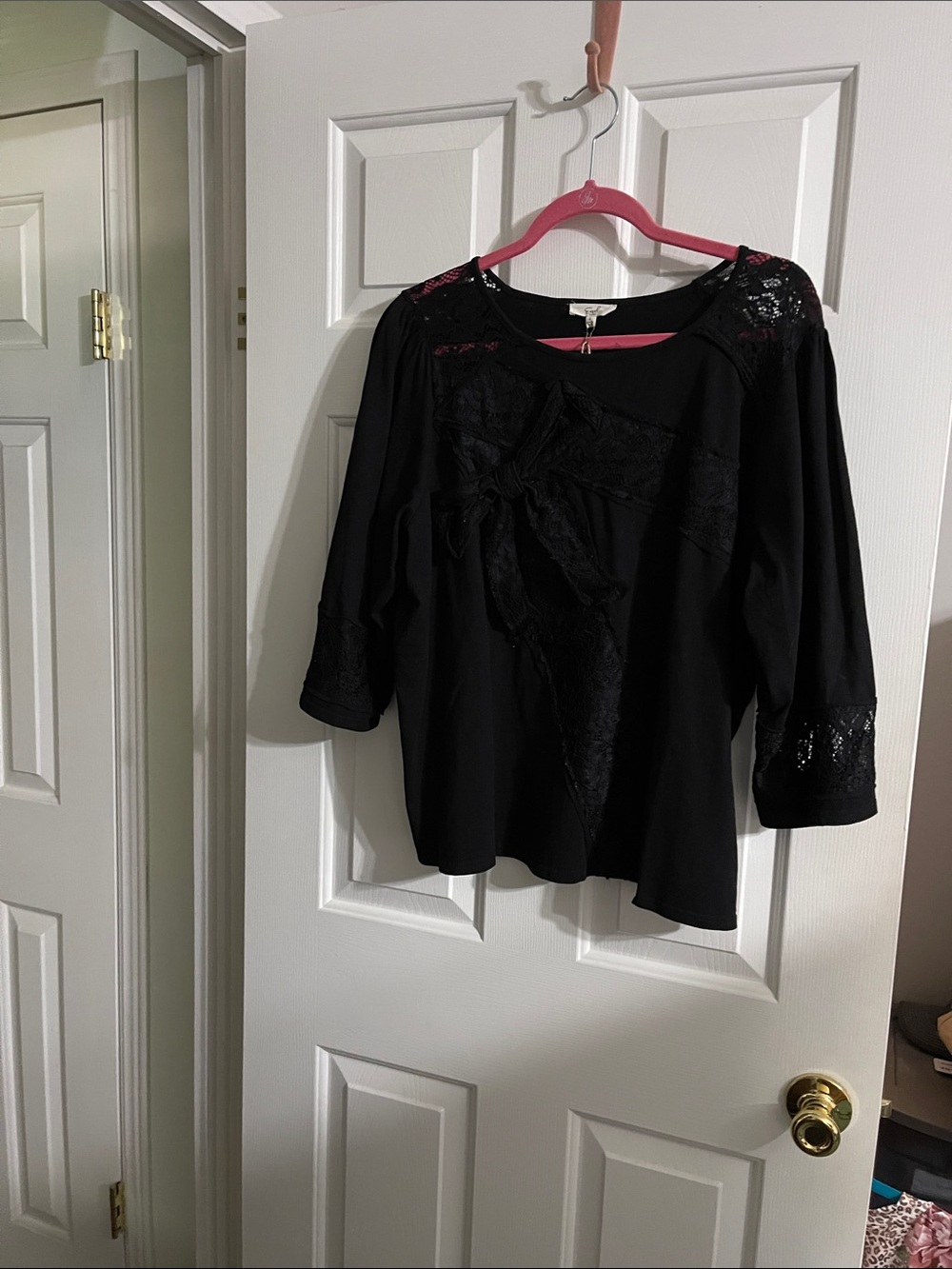 Women's Black Lace-Trim Blouse with Bow Accent